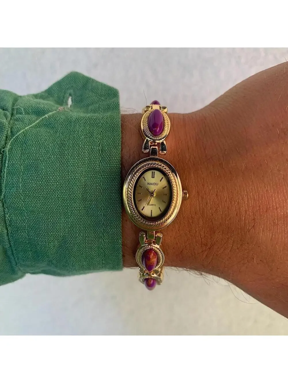 Y2k style Dainty cute Gold style tone quartz watch with purple jade stone opal